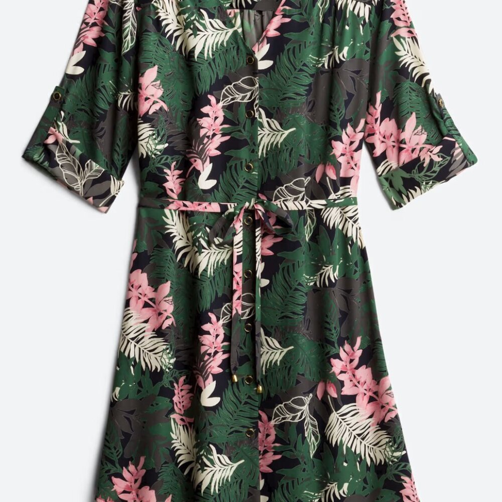 Floral Tie-Waist Shirt Dress - Black Green, Pink & Cream Leaves